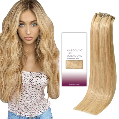 Vista 50 de WindTouch Extensiones de cabello humano real con pinzas, balayage, color rubio ceniza a rubio platino, con reflejos gruesos para cabeza completa, 14