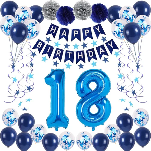 Vista 7 de Decoraciones de fiesta de cumpleaños azul número 29 para hombres y mujeres, suministros de globos de feliz cumpleaños 29 con pancarta de feliz