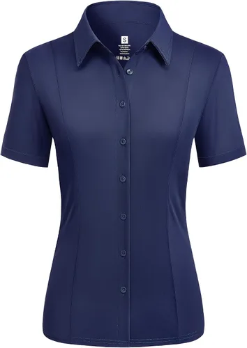 Vista 12 de Camisas con botones para mujer, elásticas, de manga corta, con cuello, sin arrugas, básica, de negocios, blusa de trabajo