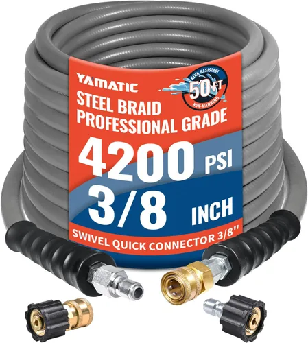Vista 11 de YAMATIC Manguera de lavado a presión de 3/8 pulgadas, 50 pies, 4200 PSI, acero inoxidable 304 giratorio de conexión rápida con adaptadores M22