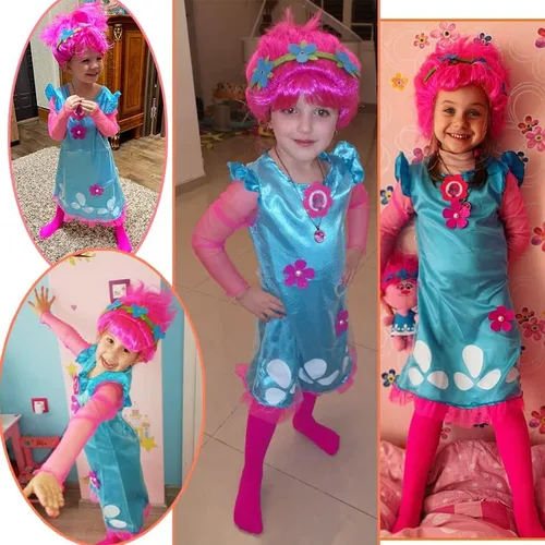 Vista 5 de HuangWeida Disfraces de amapola de princesa disfraz de amapola para niños vestido de Halloween para niñas peluca y bolsa 3 piezas 4-6 años
