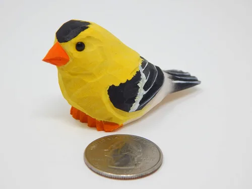 Vista 2 de Selsela Figura tallada a mano de jilguero americano – Finch escultura de pájaro amarillo de madera hecha a mano en miniatura, adorno tallado