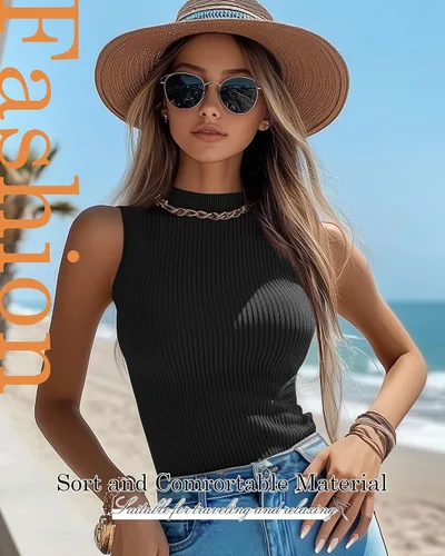 Vista 6 de Paquete de 3 camisetas sin mangas con cuello alto falso para mujer, acanaladas, elásticas, ajustadas, básicas, ligeras, bustier