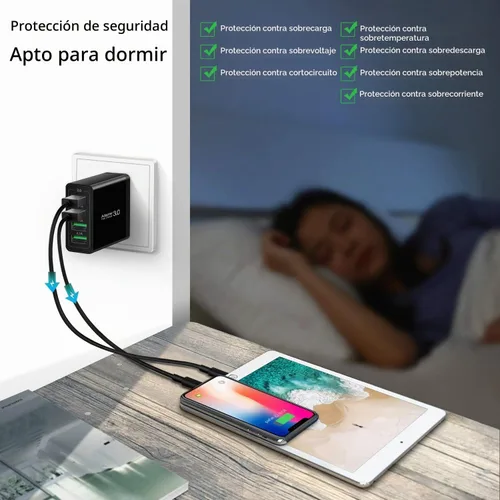 Vista 5 de Cargador de pared 3.0 de carga rápida, bloque de cargador USB de 4 puertos, enchufe USB múltiple negro(Black (4-Port))