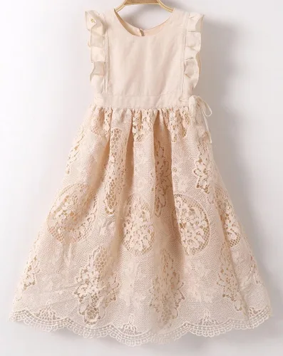 Vista 3 de Vestido blanco opaco durazno vintage con encaje sin mangas con flores para niña de Bow Dream