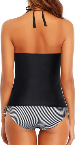 Vista 2 de Holipick Traje de baño tankini de dos piezas para mujer, con control de abdomen, parte superior tankini halter con parte inferior de bikini