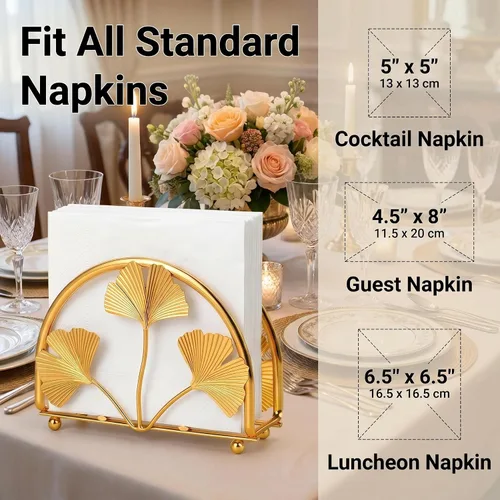 Vista 3 de Servilletero de hojas de ginkgo dorado para mesa, elegantes servilleteros para servilletas de papel, servilletero, servilleta de cóctel de una pieza