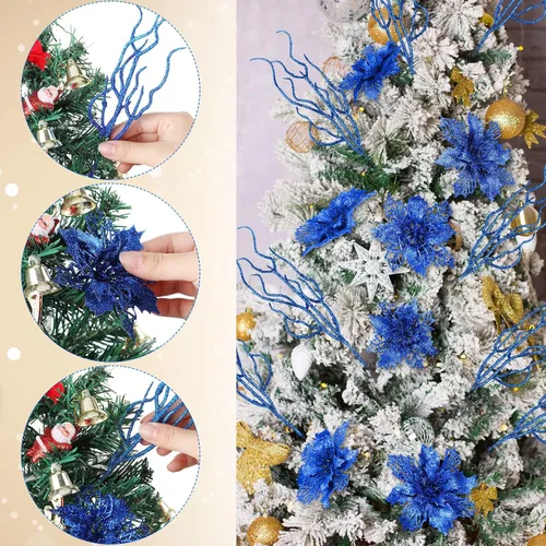 Vista 5 de Yinder Juego de 48 flores de Pascua artificiales con purpurina para el día de San Valentín con ramitas, decoración de árbol de Navidad, para corona