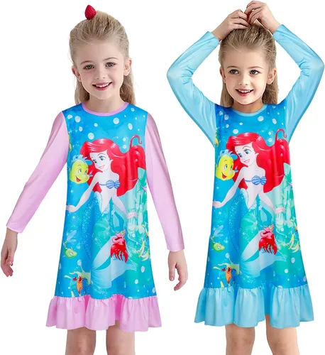 Vista 3 de QASALOP Disfraz de princesa de sirena para niñas pequeñas vestido de dibujos animados manga larga uso casual para el hogar para niños de 3 a 7 años