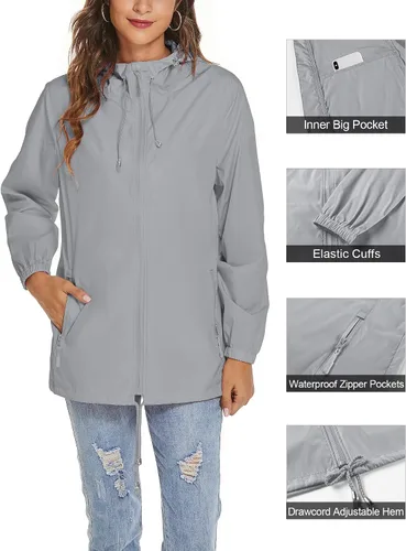 Vista 3 de Avoogue Chaqueta impermeable para mujer, ligera, transpirable, con capucha, rompevientos activos con bolsillo