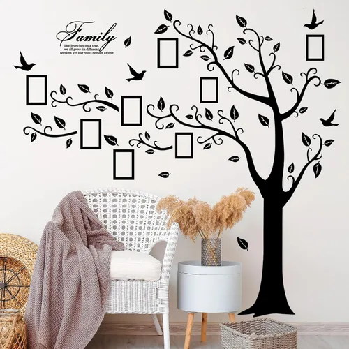 Vista 6 de Adhesivo de pared para árbol de fotos familiar grande, marco de fotos 3D, calcomanías de pared de árbol con citas extraíbles, hojas y pájaros, Negro