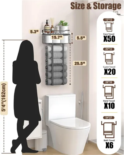 Vista 2 de Aetyord Toallero para Baño de 31 Pulgadas Montado en Pared, Estante Flotante con Tablero de Madera, Almacenamiento de Toallas para Baño que Puede