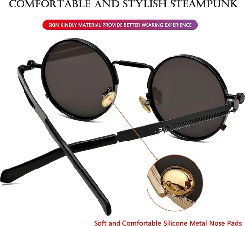 Vista 4 de AIEYEZO Gafas de sol redondas Steampunk con montura de metal gótico, 100% bloqueo UV