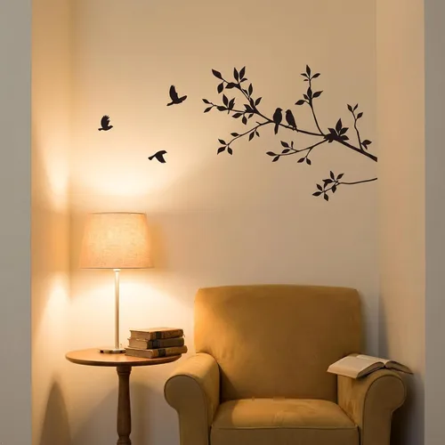 Vista 7 de Vinilo decorativo para pared con dibujo de aves volando y ramas de árboles Negro
