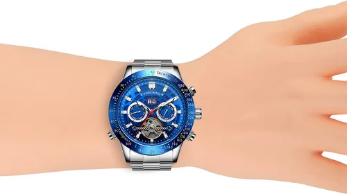 Vista 5 de FORSINING Reloj de pulsera de acero inoxidable con calendario original Tourbillion automático para hombre, Azul y plateado, Automático de bobinado