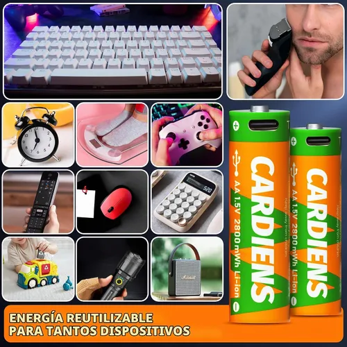 Vista 7 de Baterías AA recargables USB 2800mWh Baterías AA recargables 1.5V doble A batería con cable de carga USB-C 4 en 1 e indicador de carga LED, paquete