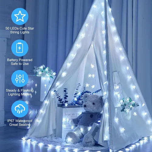 Vista 4 de Minetom - Cadena de luces con forma de estrella operadas a pilas - 5.2 m, 50 luces LED, impermeables, con temporizador, para decoración