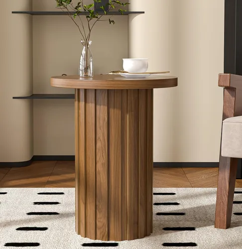 Vista 6 de Fsbecl Mesa auxiliar de pedestal de granja, mesa auxiliar redonda con panel estriado, mesa rústica para bebidas para sala de estar de espacio