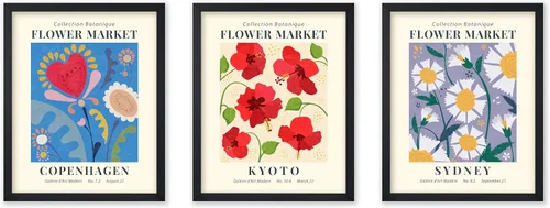 Vista 18 de Poster Master Póster botánico vintage de 3 piezas, estampado floral retro, regalo para artistas, amigos, flores de acuarela, brillante, azul