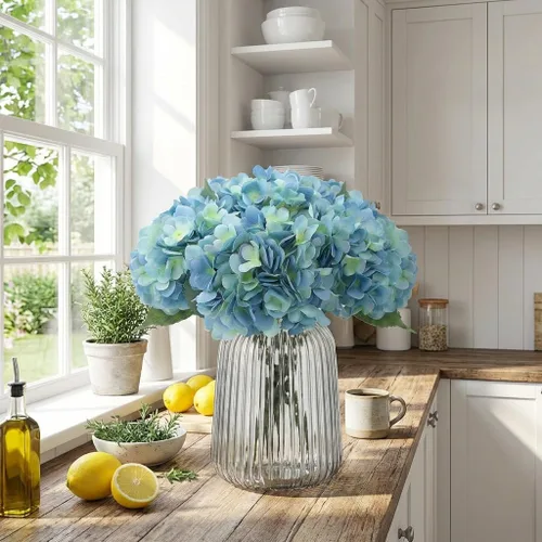 Vista 3 de 5 piezas de flores artificiales falsas, hortensias de seda, 1 arreglos de cabeza de flor, ramos de boda, decoración floral de plástico, centros
