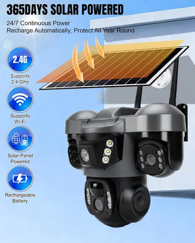 Vista 2 de KEPEAK Cámara de seguridad solar inalámbrica para exteriores, cámara PTZ de triple lente, inclinación panorámica de 360°, visión nocturna a
