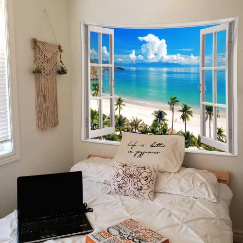 Vista 4 de Sanzugh - Tapiz de pared de playa del océano, arte de ventana falsa de naturaleza del mar de Hawái, tapices para colgar en dormitorio, dormitorio