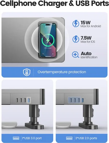 Vista 3 de meatanty Soporte de Monitor Doble con 4 Alturas Ajustables, Almohadilla de Carga Automática para Teléfono, 4 Puertos USB, Elevador de Computadora