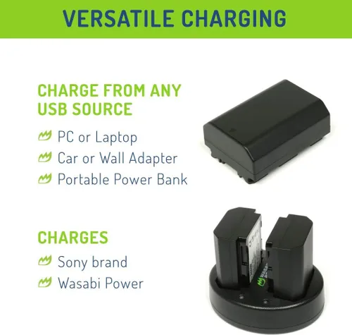 Vista 6 de Wasabi Power Batería (paquete de 2) y cargador USB dual para Sony NP-FZ100, BC-QZ1 y Sony FX3, a1, a9, a9 II, a7C, a7R III, a7R IV, a7S III, a7 III