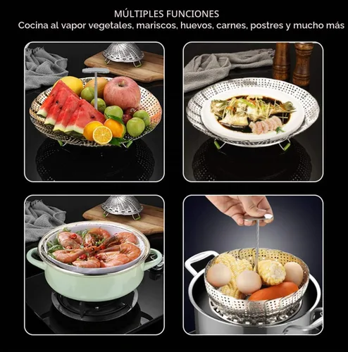 Vista 4 de Cesta de vapor, cesta de vapor vegetariana para cocinar de acero inoxidable plegable para verduras con mango central extraíble extensible extensible