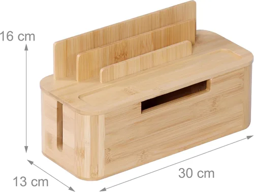 Vista 4 de Relaxdays Caja de cables para 2 regletas de alimentación de bambú, HBT: 6.3 x 11.8 x 5.1 in, soporte para tablet y teléfono celular, color natural