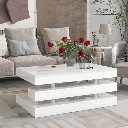 Vista 10 de Mesa de centro moderna con vidrio templado, mesa de cóctel de madera con superficie UV de alto brillo, mesa central rectangular modernista de 2 Negro