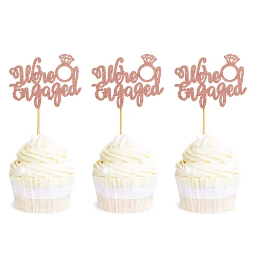 Vista 10 de Ercadio Paquete de 25 adornos para cupcakes con texto en inglés "We are Engaged", anillo con purpurina, para despedida de soltera, para boda Oro