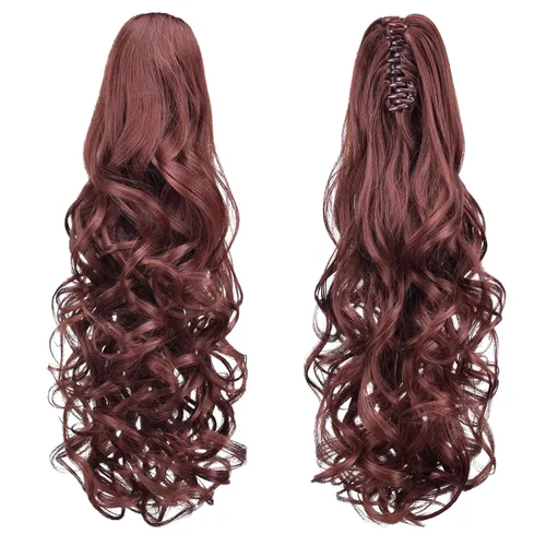 Vista 2 de Extensión de cola de caballo color castaño caoba, pinza de 20 pulgadas para mujeres, extensiones de cabello sintético ondulado, cola de caballo