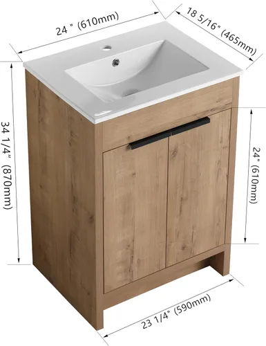 Vista 2 de Malwee Tocador de baño independiente de 24 pulgadas con lavabo, tocador de baño de pie de 24'', tocador moderno con 2 puertas y encimera de lavabo