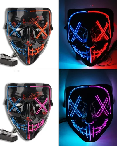 Vista 2 de Paquete de 2 máscaras de Purga de Halloween con luces LED, máscara aterradora para adultos, fiesta de disfraces (azul rojo + azul morado)