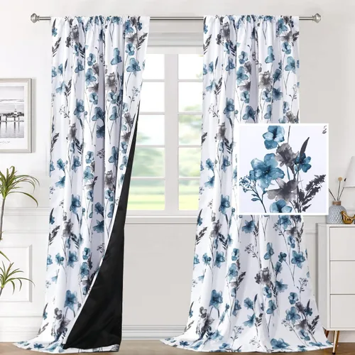 Vista 30 de H.VERSAILTEX cenefas de cortina 100% opacas para ventanas de cocina, juego de 2 paneles, estampado floral Cattleya Leah, cenefas térmicas aisladas