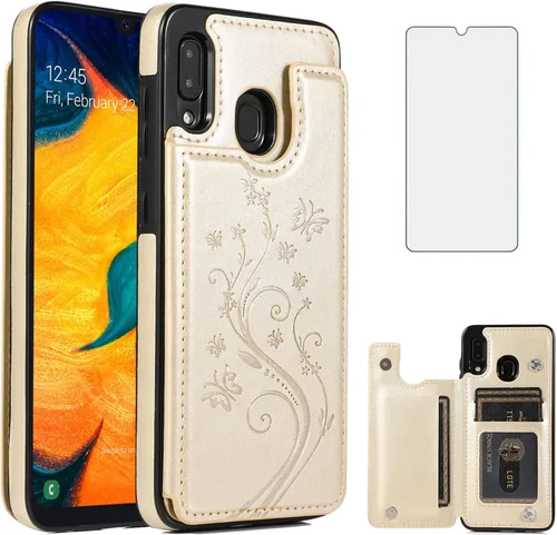 Vista 10 de Funda de teléfono para Samsung Galaxy A20 A30 con protector de pantalla de vidrio templado, tarjetero con soporte para tarjetero, soporte para Negro