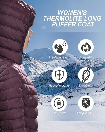 Vista 4 de Outdoor Ventures - Abrigo largo, acolchado, Thermolite con capucha, ultraligero y cálido Maryan para mujer