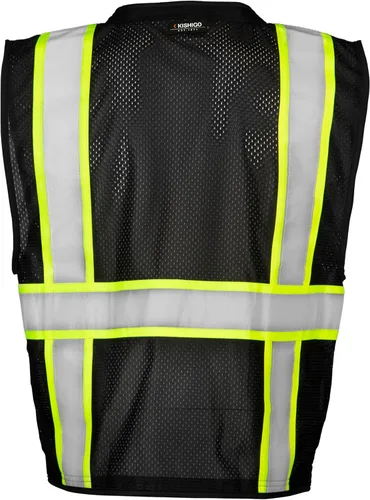 Vista 2 de Kishigo Black Enhanced Visibility Men's Vest B100, Multi Pocket Mesh Hi-Vis Vest, Ultra-Cool Polyester, 6 Pockets, Zipper