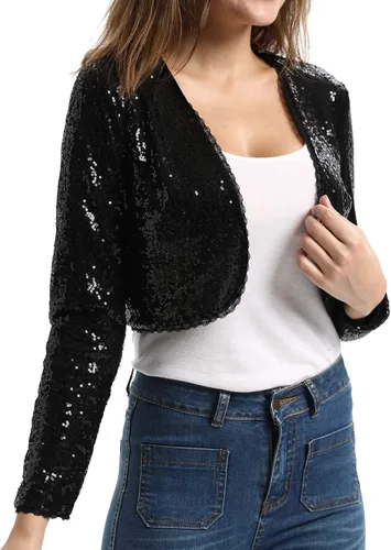 Vista 2 de Belle Poque Chaqueta de lentejuelas para mujer, manga larga, frente abierto, purpurina, recortada, bolero, talla S-XXL
