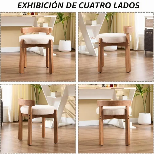 Vista 9 de HEAH-YO - Silla de tocador de madera con respaldo, pequeño taburete con reposapiés tapizado en lino, silla de maquillaje de estilo moderno