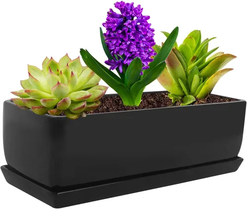 Vista 7 de Vencer Maceta rectangular moderna minimalista de cerámica para suculentas de 12 pulgadas, caja con ventana con platillo, soporte de escritorio
