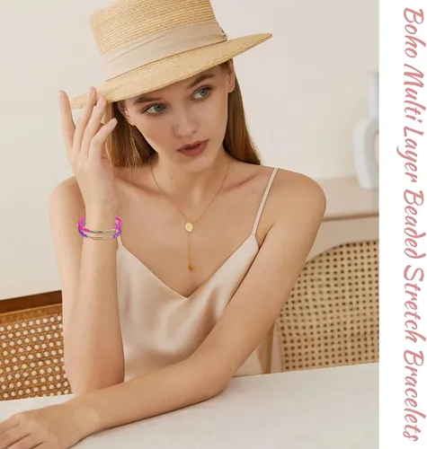 Vista 6 de MOZAKA 20 pulseras de cuentas pequeñas de cristal para mujer, estilo bohemio, apilable, elásticas, multicolor, versátiles, cuentas de cristal