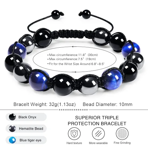 Vista 22 de DHQH Triple Protection Bracelet 8/10MM Hematite Black Agate Tigers Eye Stone Bracelet Crystal Jewelry Healing Bead Bracelets for Men Bring Luck
