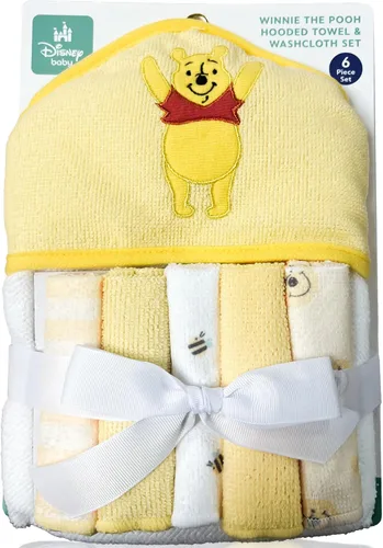 Vista 4 de Cudlie Accessories Disney Baby Winnie The Pooh - Toalla con capucha y juego de 5 toallas pequeñas, estampado de coleccionista de miel, GS71798