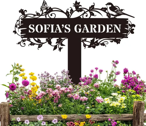 Vista 12 de Letrero de jardín personalizado con estaca, letrero de metal personalizado con nombre de jardín para exteriores, decoración de patio de flores