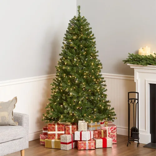 Vista 2 de National Tree Company Árbol de Navidad artificial de abeto de North Valley preiluminado de 6.5 pies, 450 luces transparentes, 816 puntas, incluye