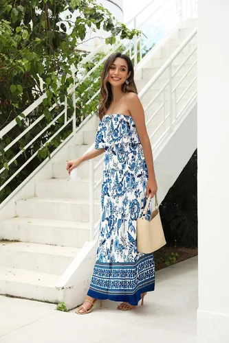 Vista 3 de ZMPSIISA Vestido largo de verano para mujer, con hombros descubiertos, sin A-flor azul
