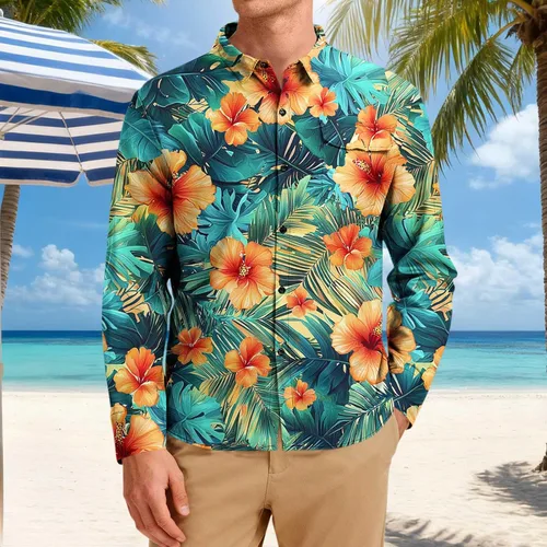 Vista 2 de Camisa hawaiana de manga larga con botones florales tropicales para hombre, camisas de playa con estampado de flores, camisas casuales de viaje