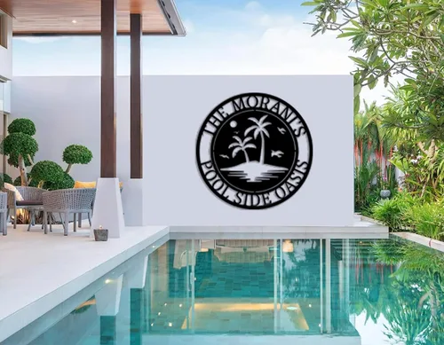 Vista 7 de Letrero de paraíso junto a la piscina, letrero de patio trasero, letreros personalizados con nombre de familia, decoración de piscina personalizada